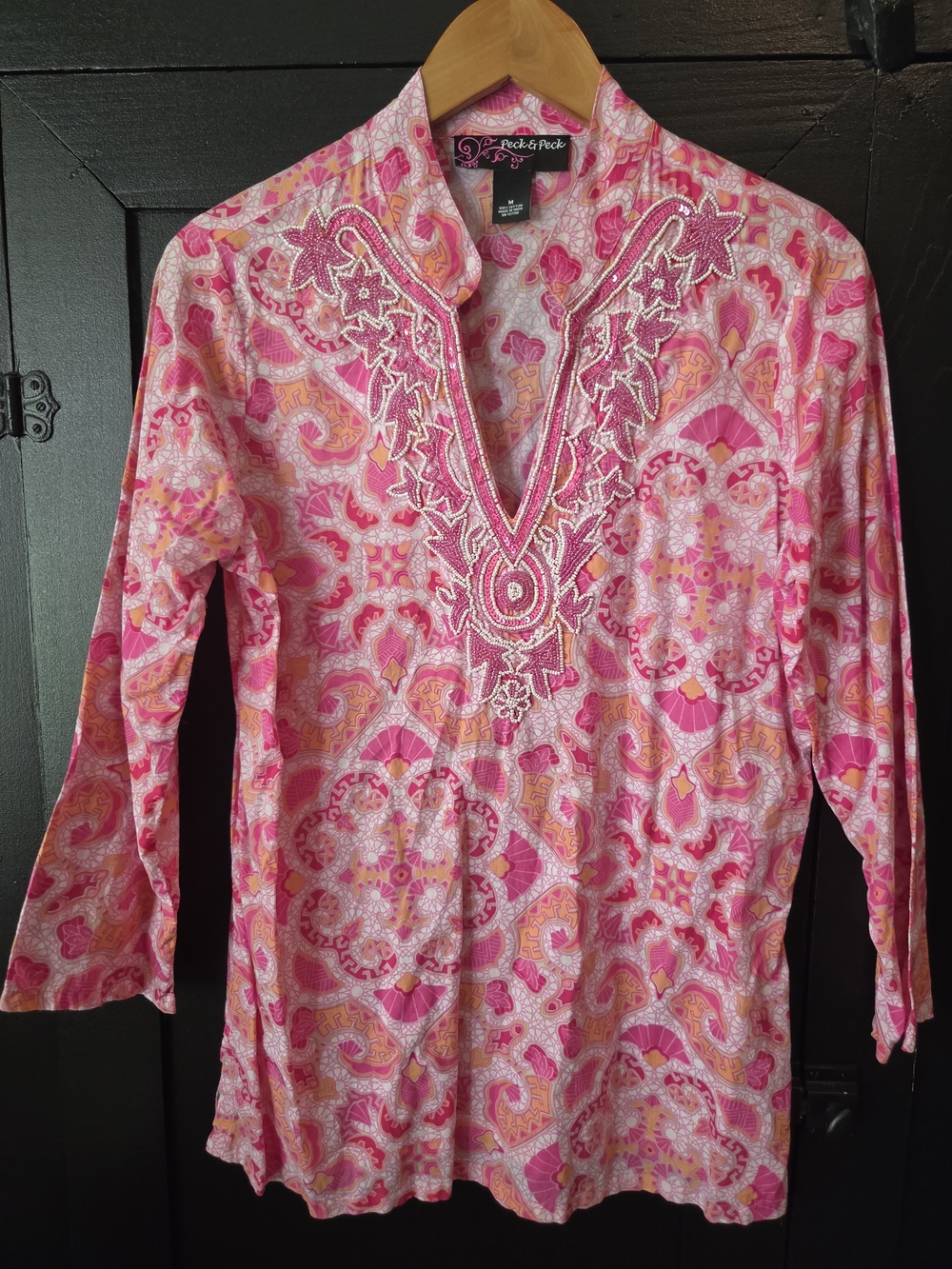 Women's Peck & Peck Pink and Coral Embroidered V-Neck Long Sleeve Pullover